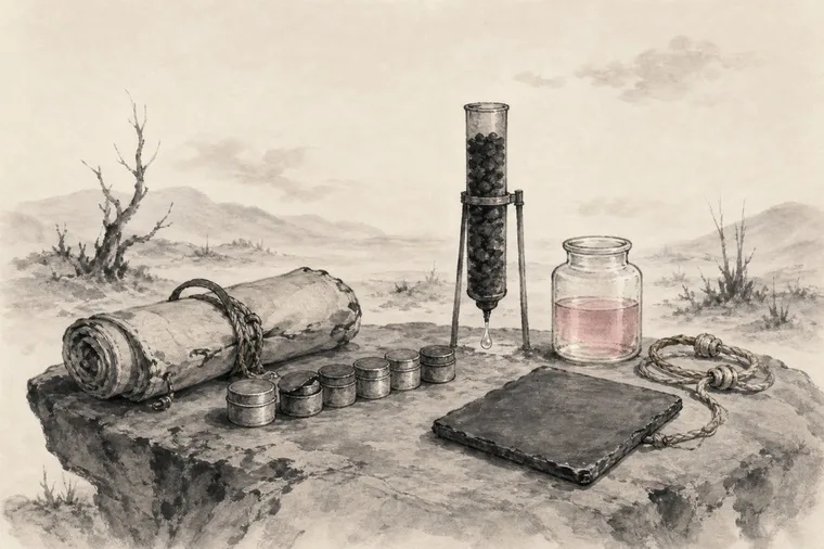The field bench, in ink wash: a flat rock in a grey, empty land; a rolled cloth kit tied with cord; a row of small reagent tins; a glass column packed with charcoal on a stand, a drop falling from its tip; a jar of water; a slate; a knotted measuring cord.