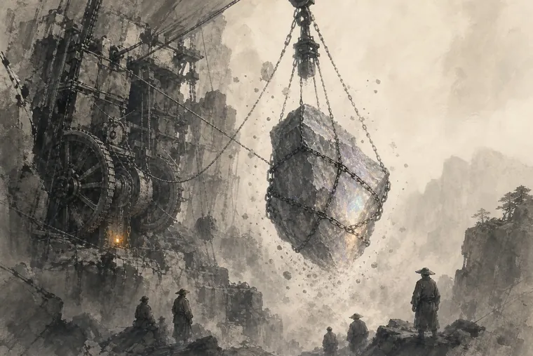 An ink-wash painting of a vast wooden engine of wheels and chains on a cliff, lifting a huge block of stone that hangs weightless in the air while small figures watch from below.