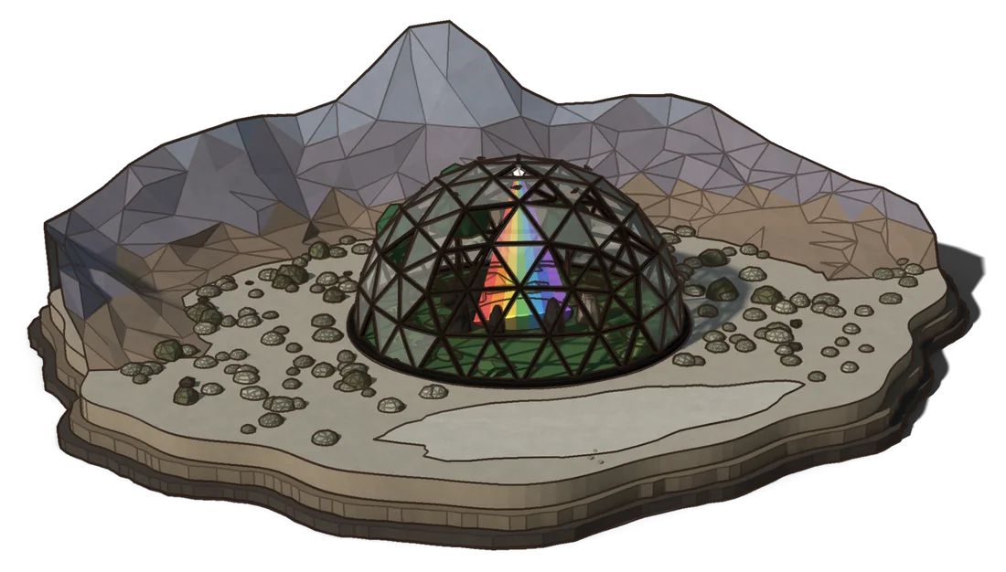 A papercraft diorama of the Hushfin Wilds: grey-tan desert cut from layered card, folded-paper mountains behind, and in the middle a dome of black struts and frosted panes, green inside, where seven rays of colored light fall from a prism onto a dark pool and hooded monks stand still.