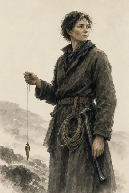 An ink-wash portrait of a woman in a worn coat, a coil of rope at her belt, holding a plumb line and watching it hang.