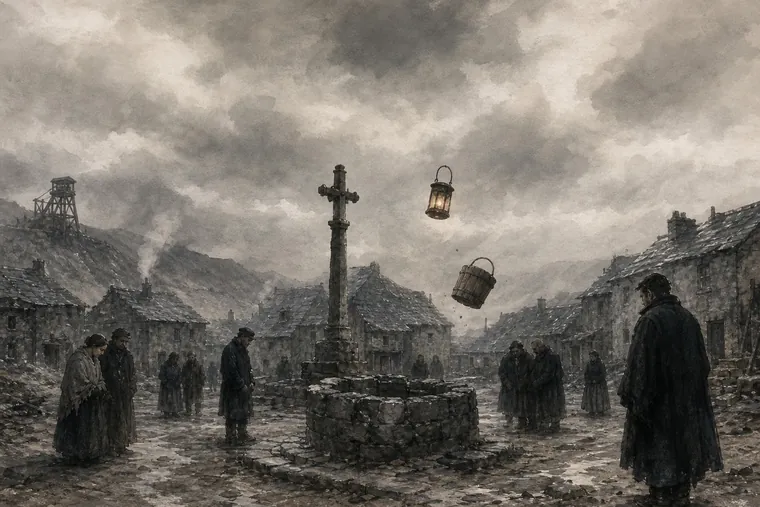 An ink-wash painting of a village square under a heavy sky. Hooded villagers stand around a stone well and a tall cross, while a lantern and a bucket hang in the air above them, falling the wrong way.