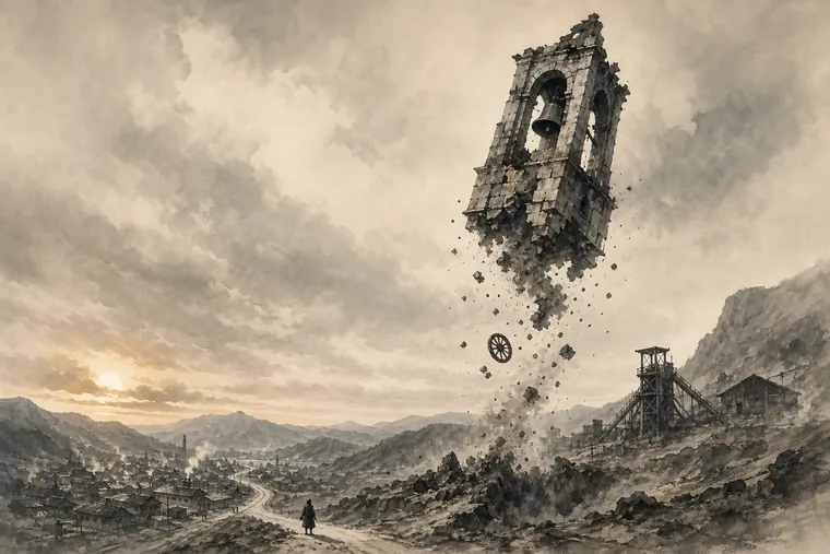 An ink-wash painting of a mining valley under a grey sky. A stone bell tower hangs upside down in the air above the town, shedding rubble, while a lone figure walks the road toward it.