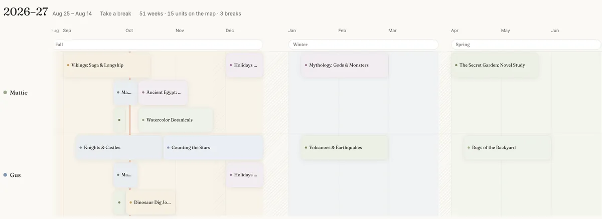The Year Map for 2026–27, August to June: Mattie’s and Gus’s lanes with units as soft colored blocks, with Fall, Winter and Spring terms and hatched holiday breaks between them.